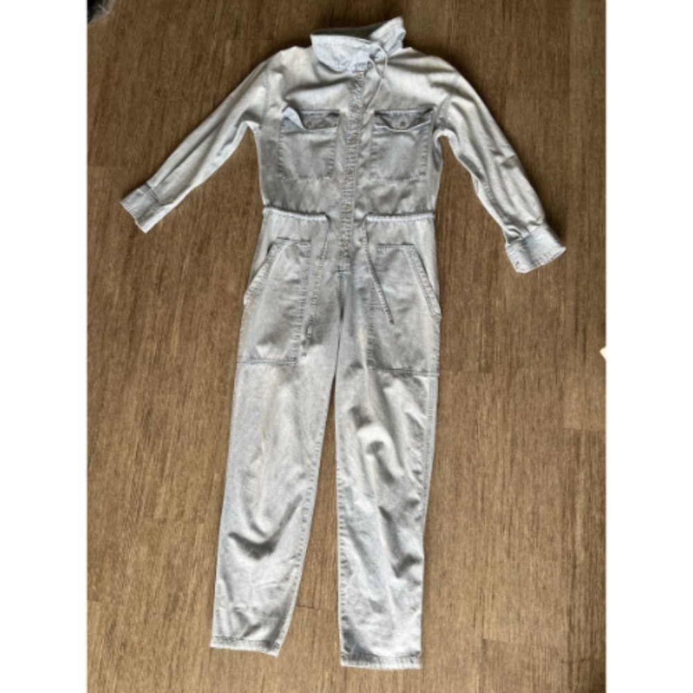 Isabel Marant Jumpsuit Women's Blue Denim Long Sleeve Straight Leg Snap Pockets